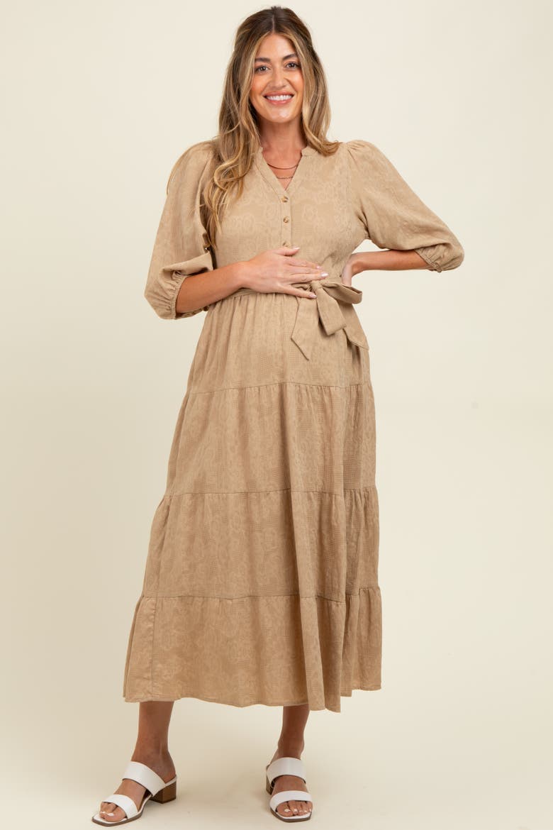 Floral Jacquard Button Front Tiered Dress, Main, color, Taupe