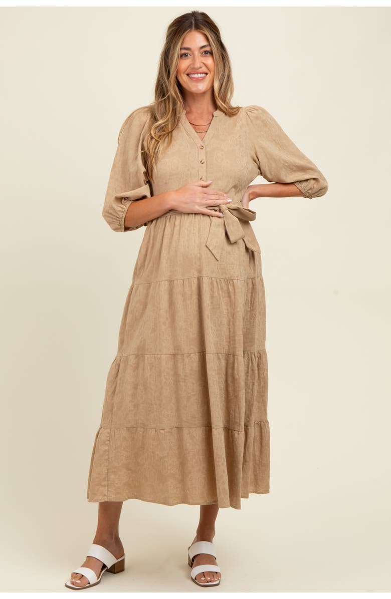 PinkBlush Floral Jacquard Button Front Tiered Dress, Alternate, color, Taupe