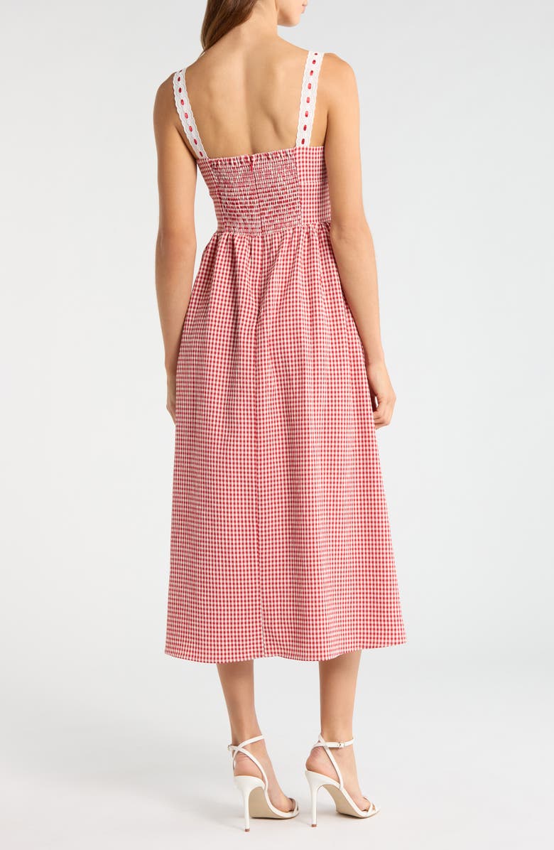 WAYF Lilibet Gingham Lace Trim Midi Dress, Alternate, color, Red