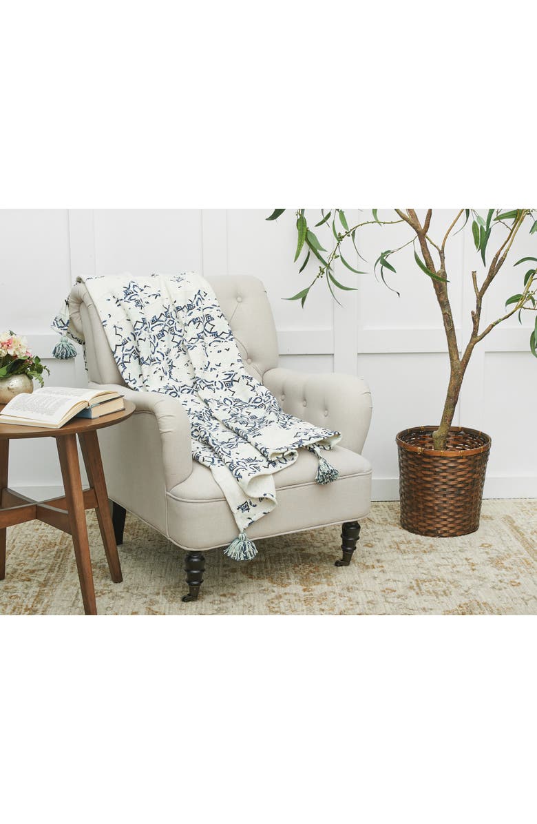 C&F Home Esha Blue & White Damask Pattern Super Soft Cozy Accent Accent Throw Blanket, Alternate, color, Off-White