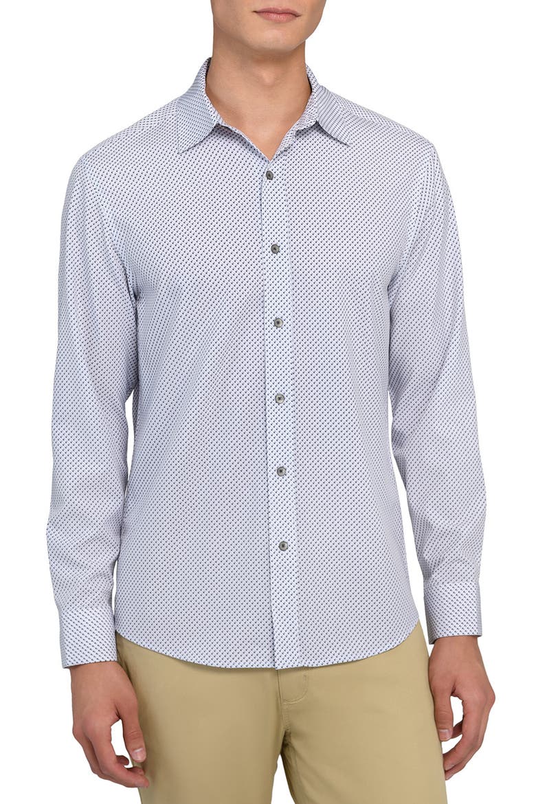 Slim Fit Geometric Print Performance Button-Up Shirt, Main, color, WHITE