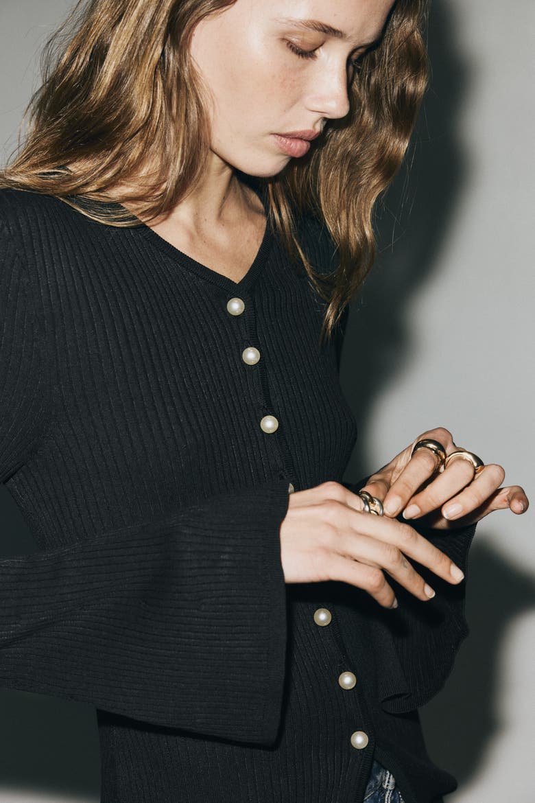 Rib-knit Cardigan, Alternate, color, Black
