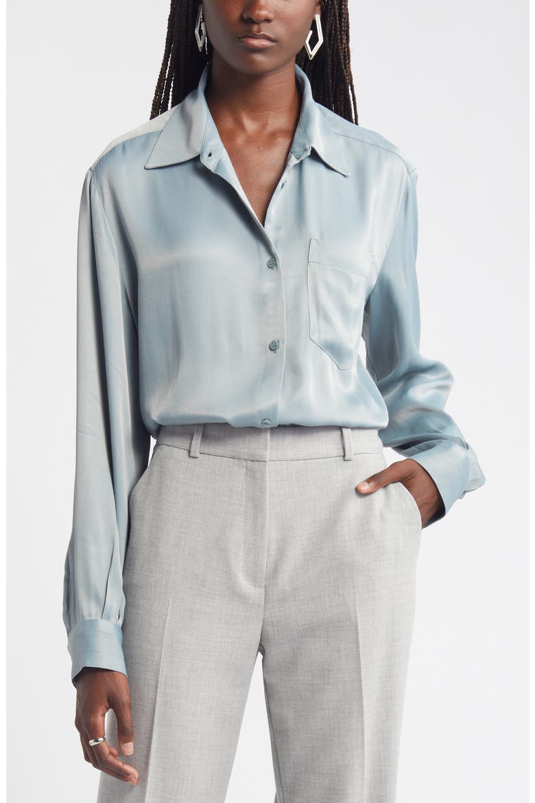 Bishop Sleeve Satin Button-Up Shirt, Main, color, GREY MINERAL