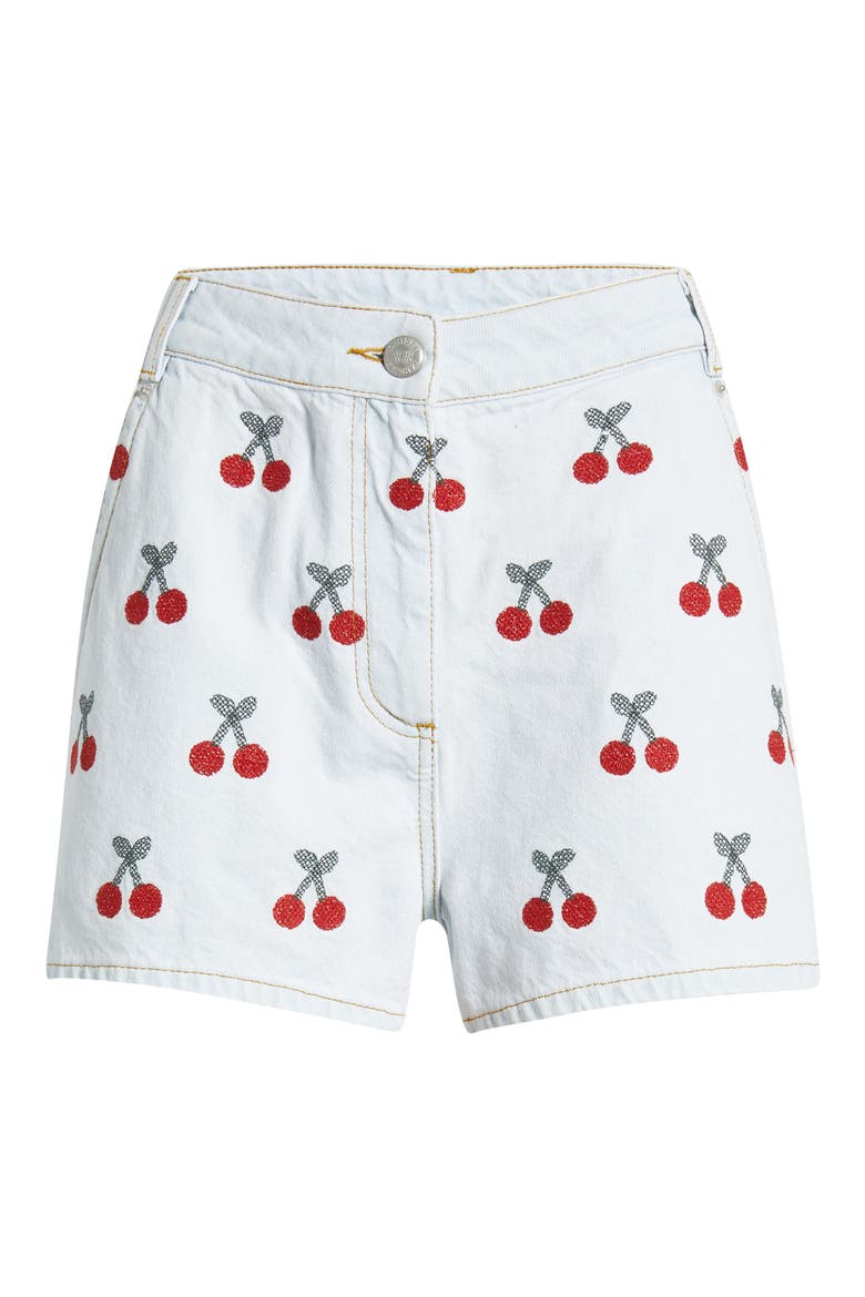 Cherry Embroidered High Waist Denim Shorts, Alternate, color, DENIM