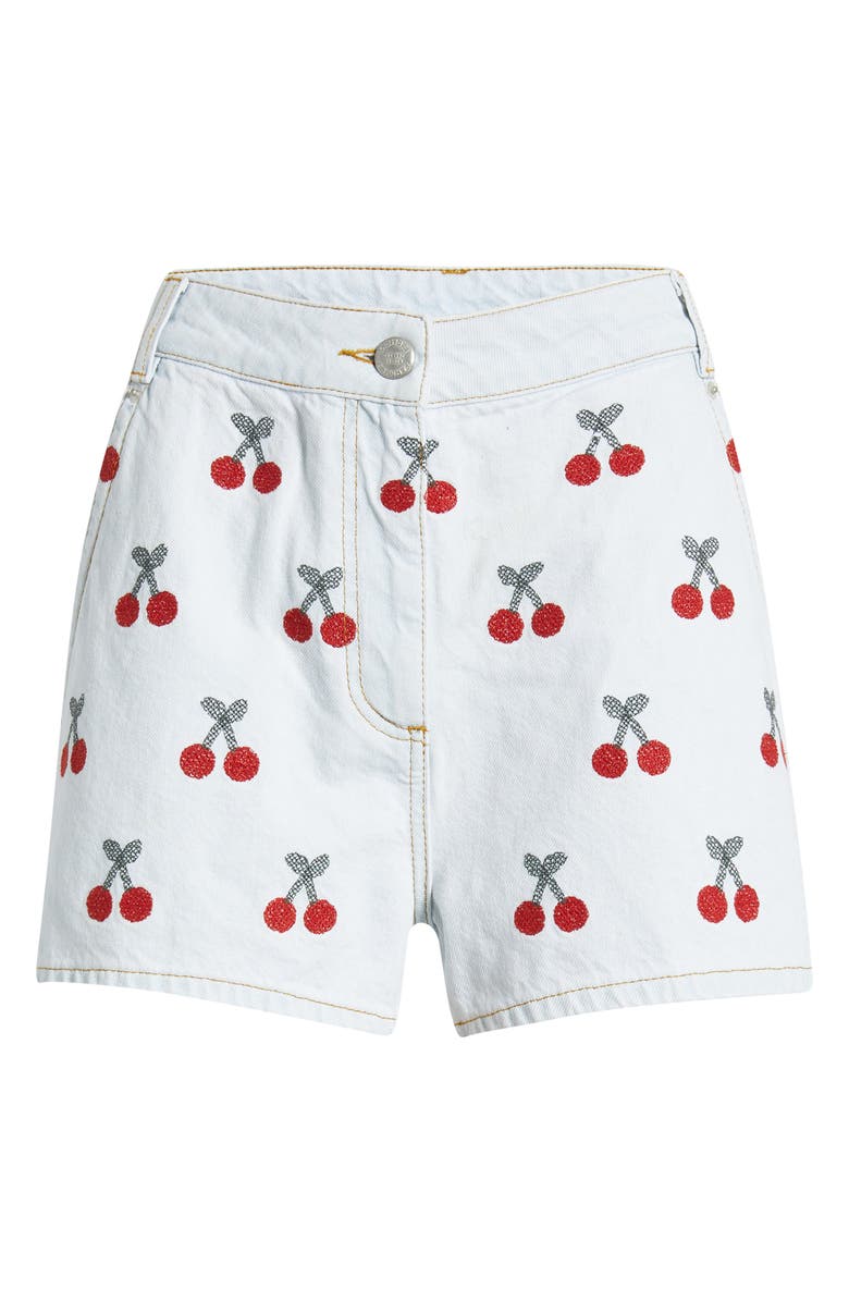 FARM Rio Cherry Embroidered High Waist Denim Shorts, Main, color, Denim