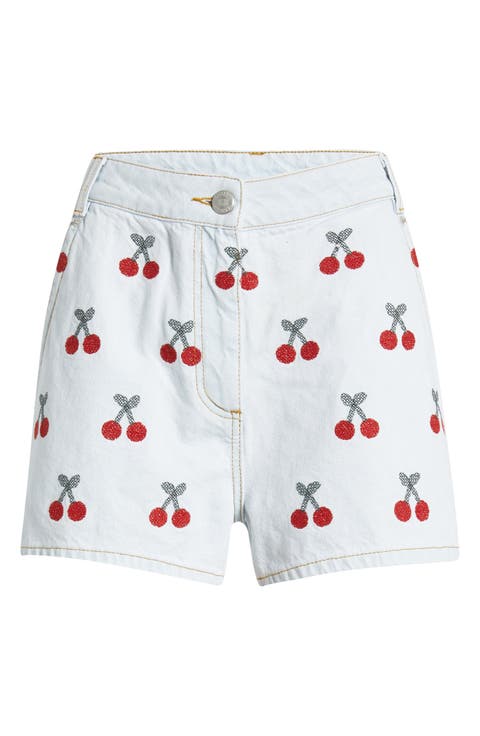 Cherry Embroidered High Waist Denim Shorts