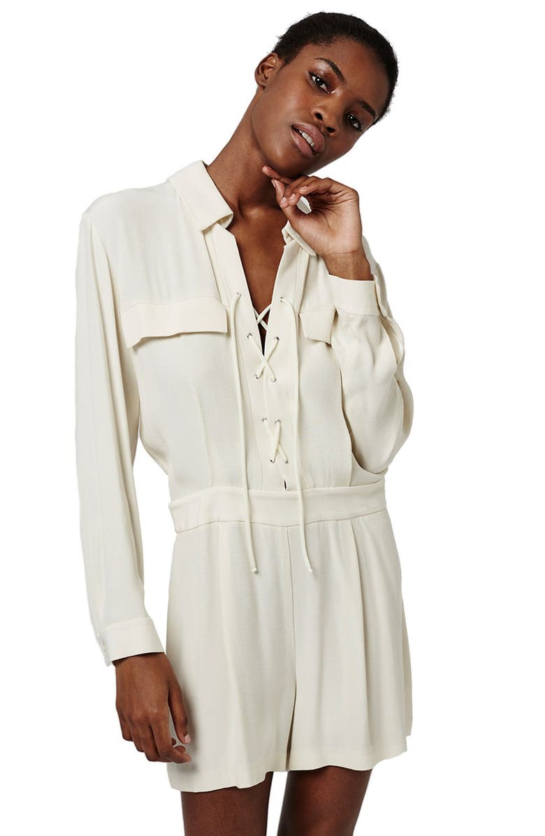 Topshop Lace-Up Long Sleeve Romper, Alternate, color, Cream
