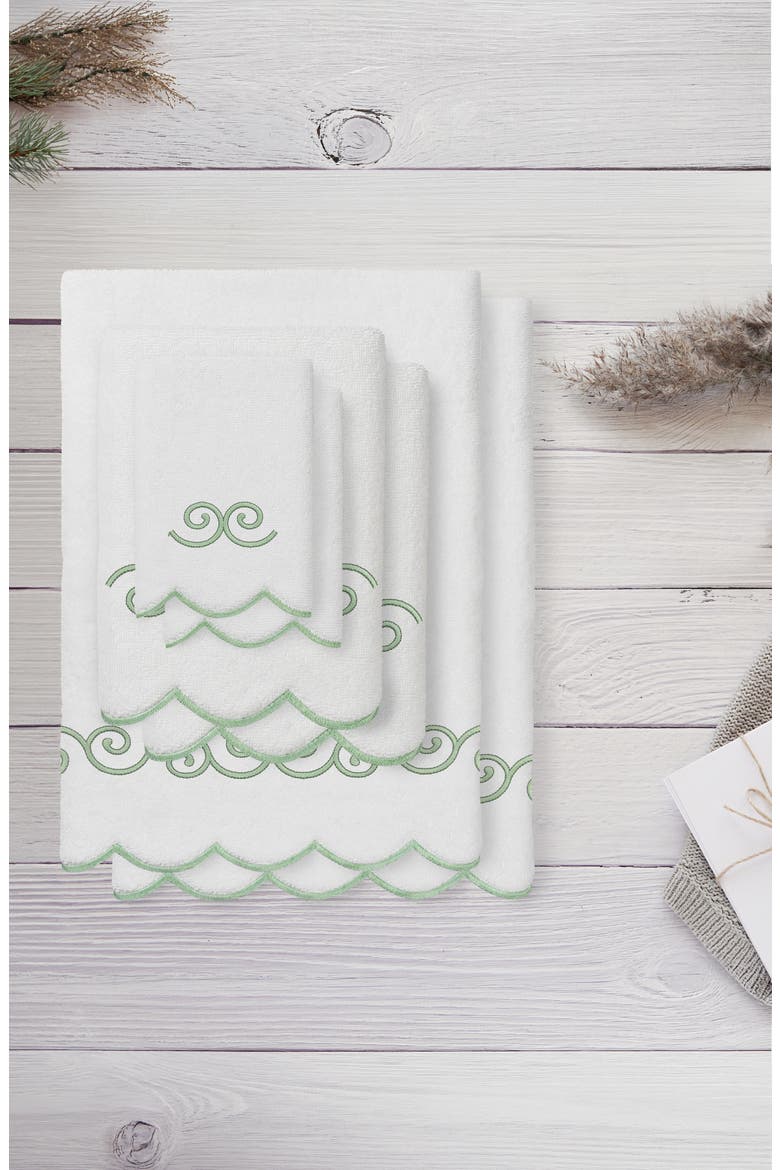 6-Piece Symmetra Embroidered Turkish Cotton Towel Set, Alternate, color, WHITE/ GREEN