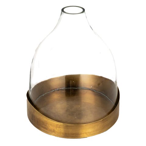Sophisticated Glass Cloche with Metal Tray, Clear and Antique Brass