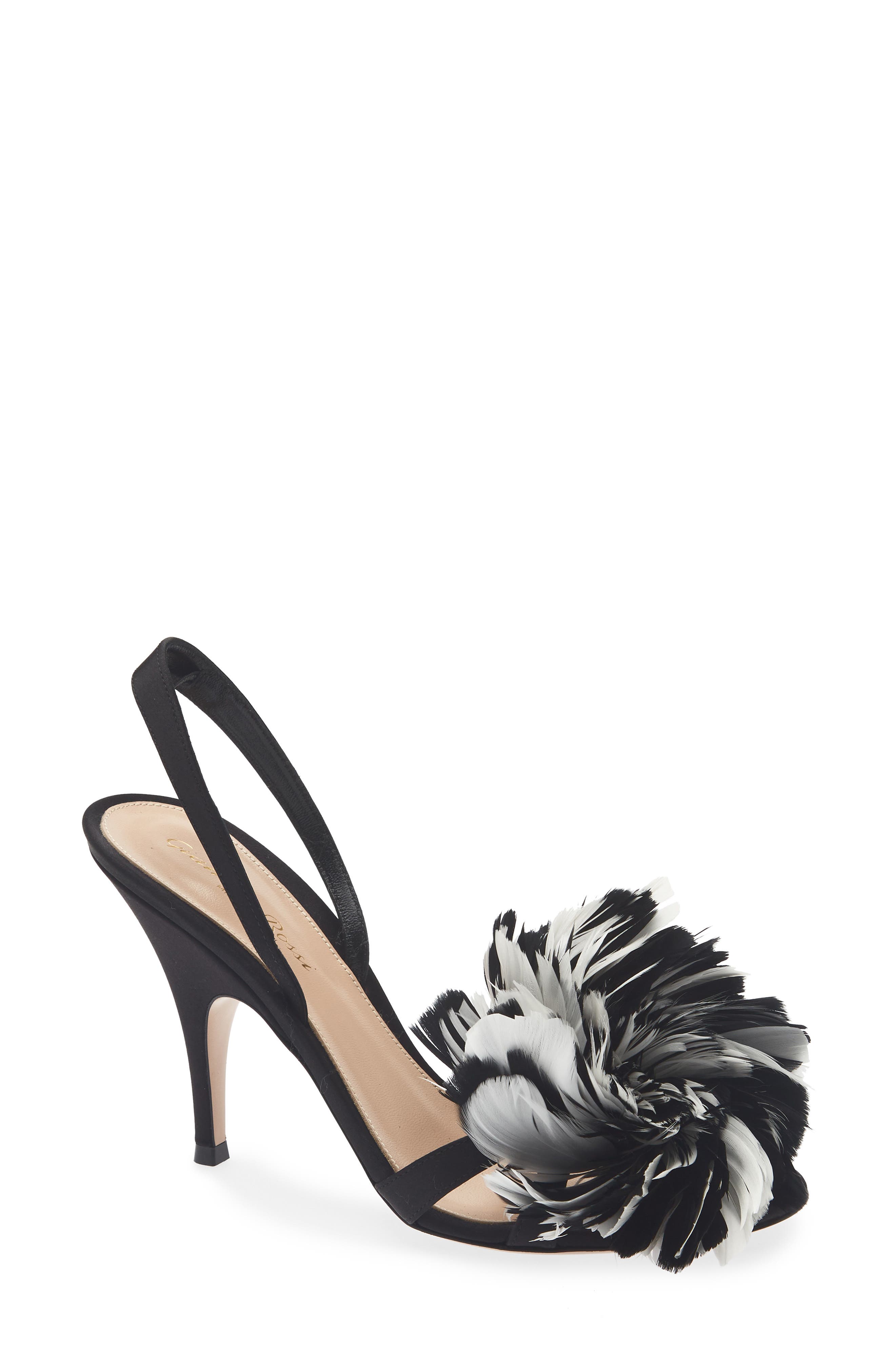 Fenice Satin & Feather Slingback Sandal, Main, color, BLACK WHITE