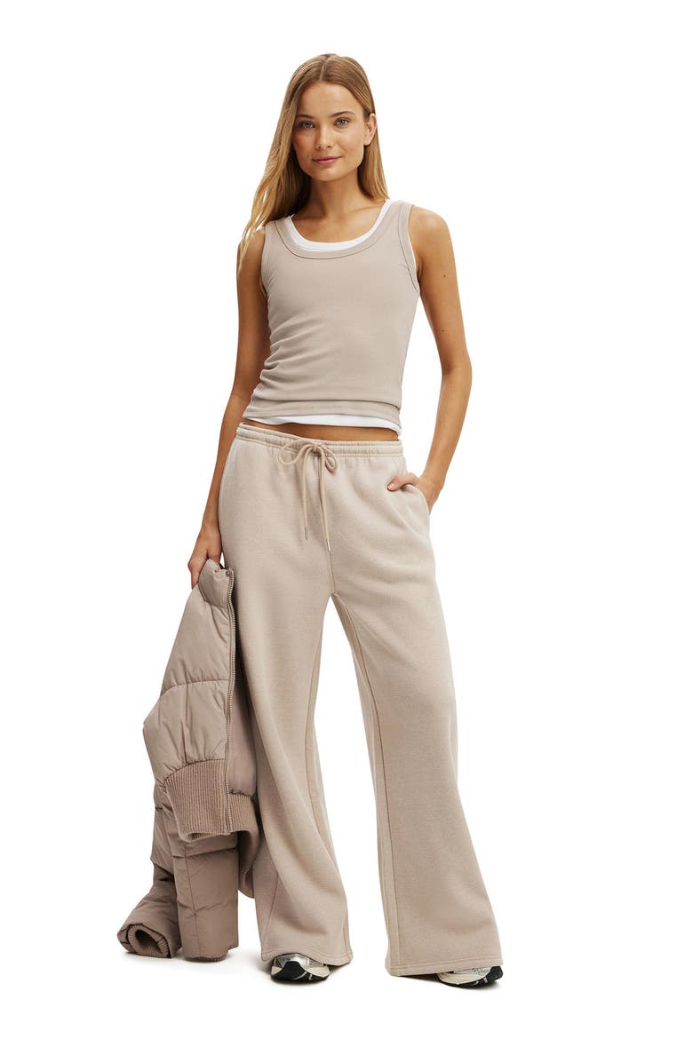 Women's Active Plush Tie Waist Wide Leg Sweatpant, Alternate, color, Sesame Marle