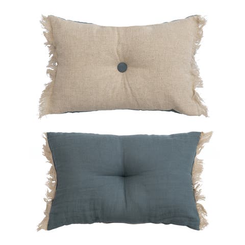 Two Sided Linen Blend Tufted Lumbar Pillow with Button and Fringe