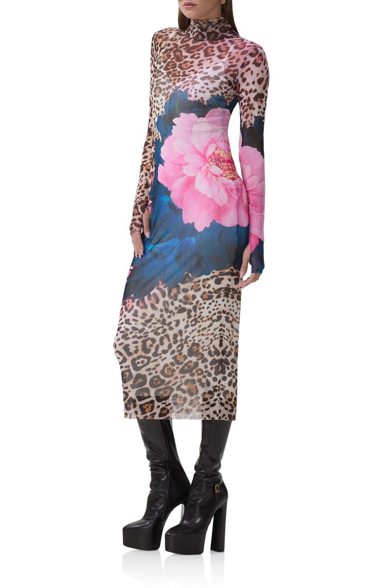 AFRM Shailene Long Sleeve Mesh Midi Dress, Alternate, color, Animal Block Peony