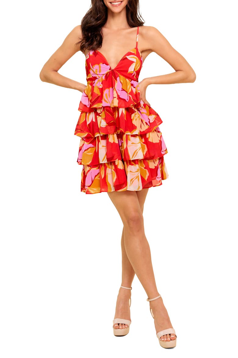 Floral Plunge Neck Minidress, Main, color, RED