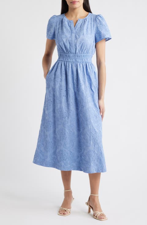 Embroidered Short Sleeve Cotton Midi Dress