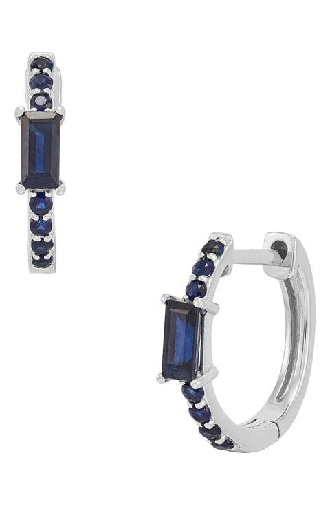14K White Gold Sapphire Huggie Hoop Earrings