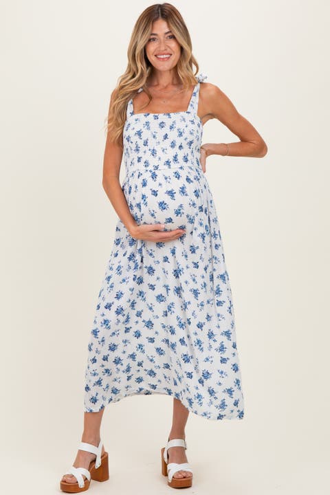 Smocked Bodice Tie Straps Floral Print Maxi Dress