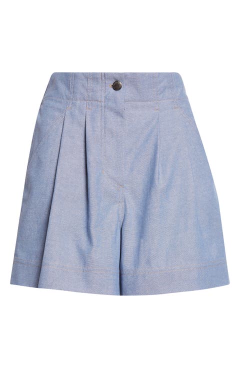 Pleated Cotton Chambray Shorts