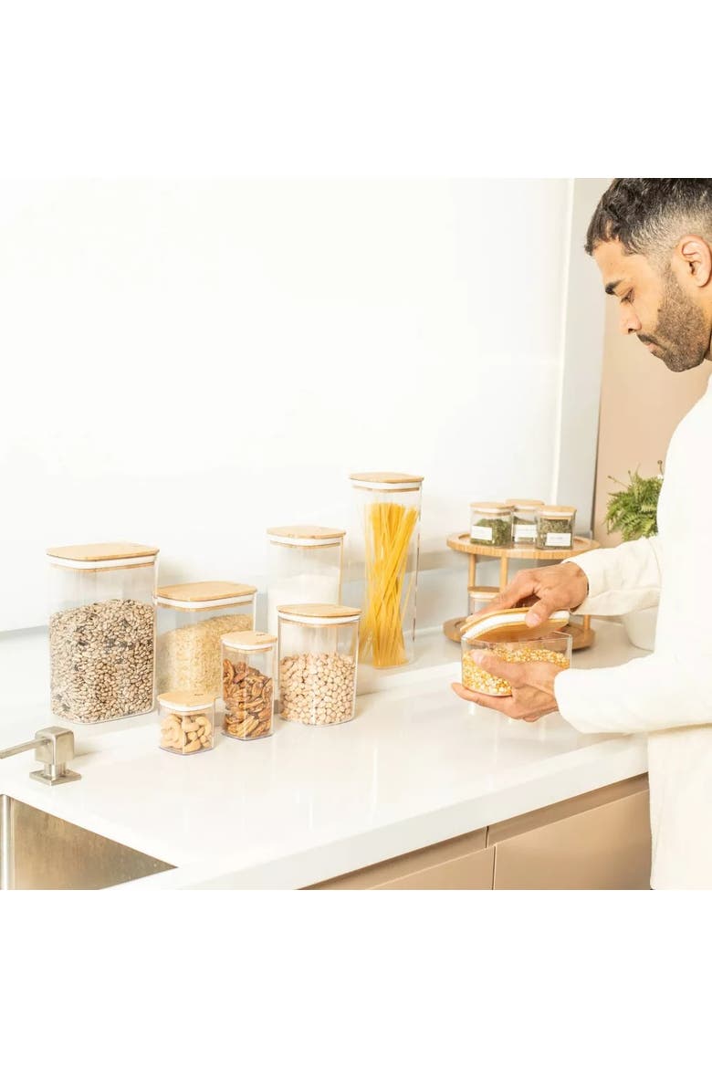 Clear Airtight Stackable Food Storage Container Set with Wood Lids, Alternate, color, Clear