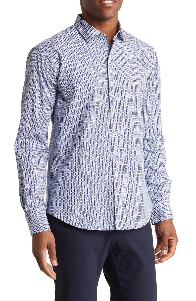 Bugatchi Shaped Fit Geometric Cotton Button-Up Shirt, Main, color,