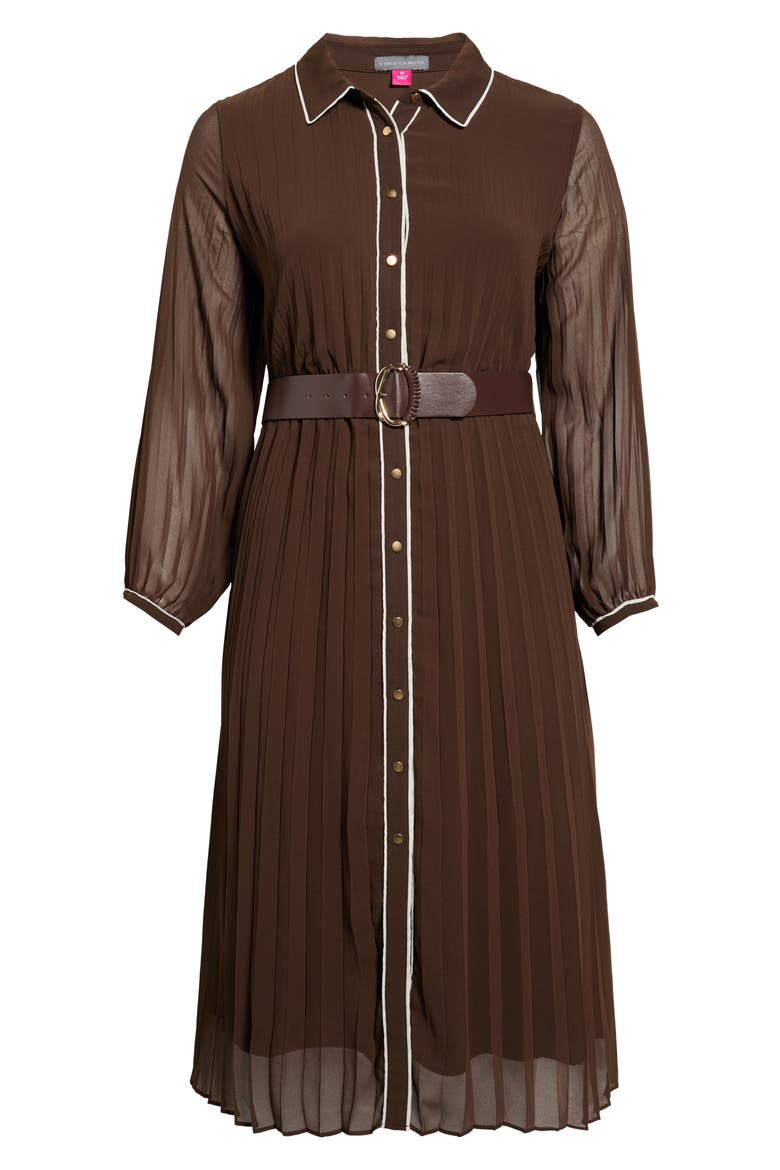 Piping Plissé Button-Up Midi Shirtdress, Main, color, RICH CHOCOLATE