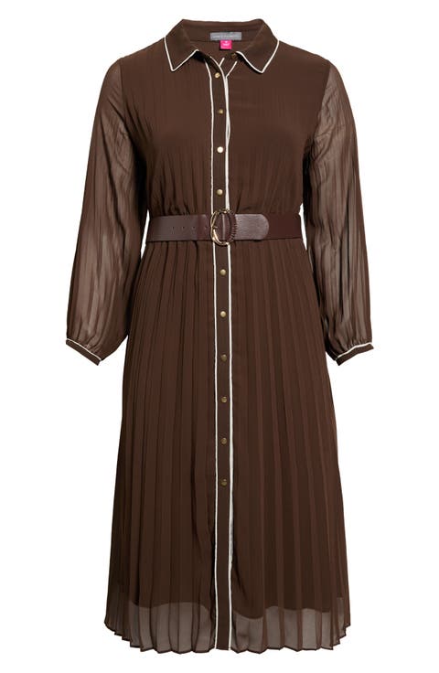 Piping Plissé Button-Up Midi Shirtdress