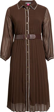 Vince Camuto Piping Plissé Button-Up Midi Shirtdress