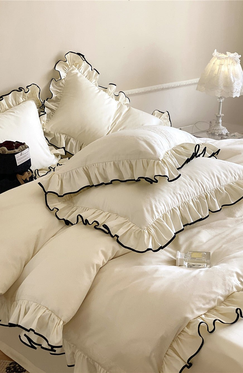 Ever Lasting Silky Ruffle Bedding Set, Alternate, color, Ivory White, Fitted