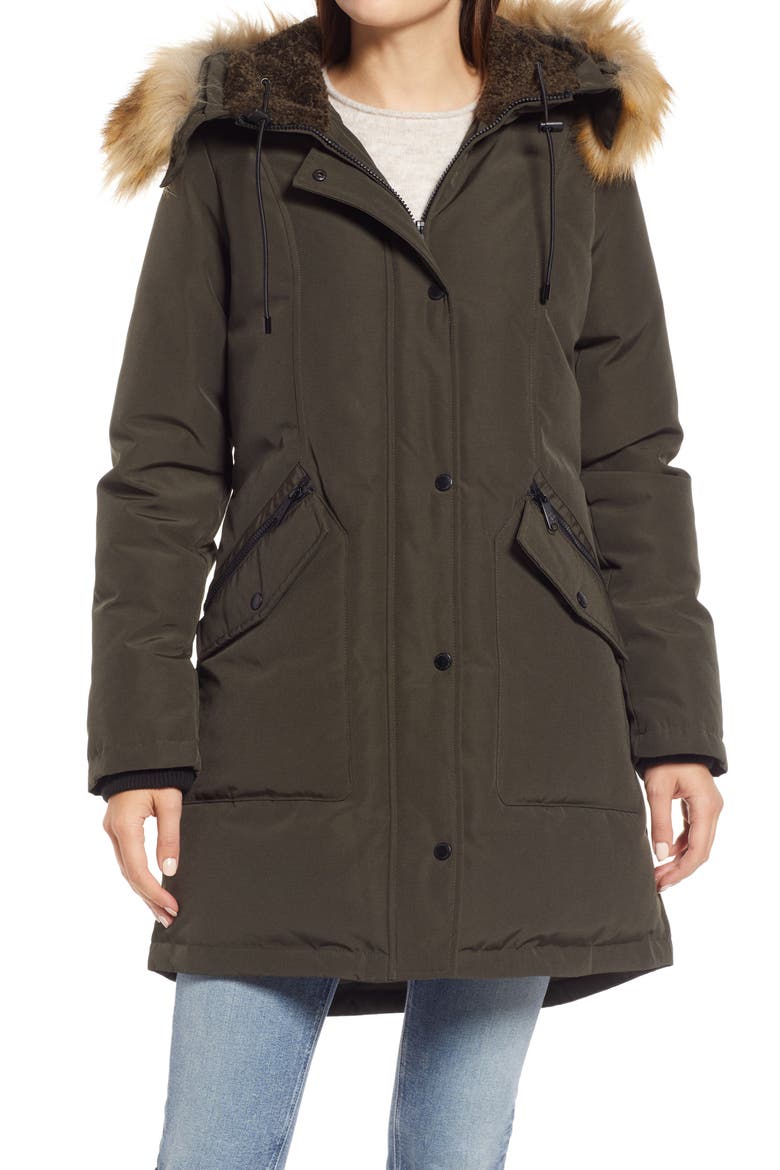 Hooded Down & Feather Fill Parka with Faux Fur Trim, Main, color, LODEN