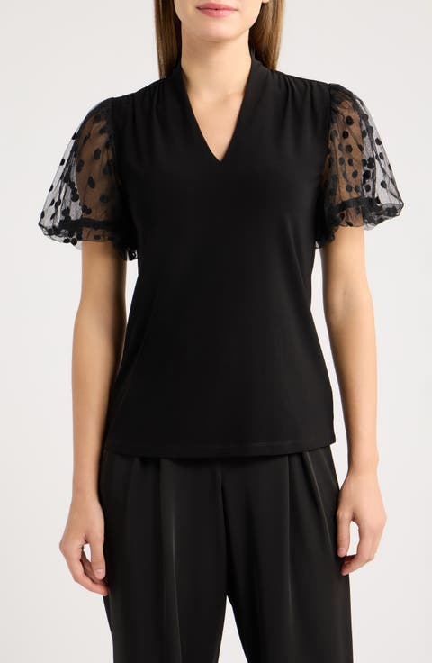 Shirred Shoulder Bubble Sleeve V-Neck Top
