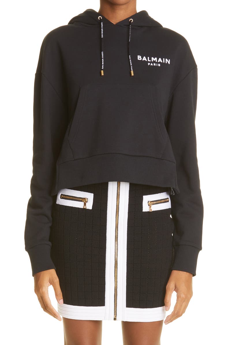 Balmain Flocked Logo Crop Hoodie, Main, color, 
