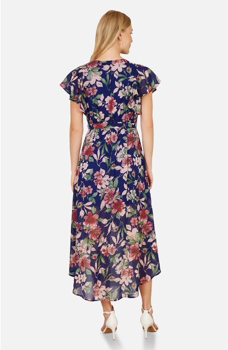 Yumi Floral Wrap Midi Dress With Frill Hem, Alternate, color, Blue
