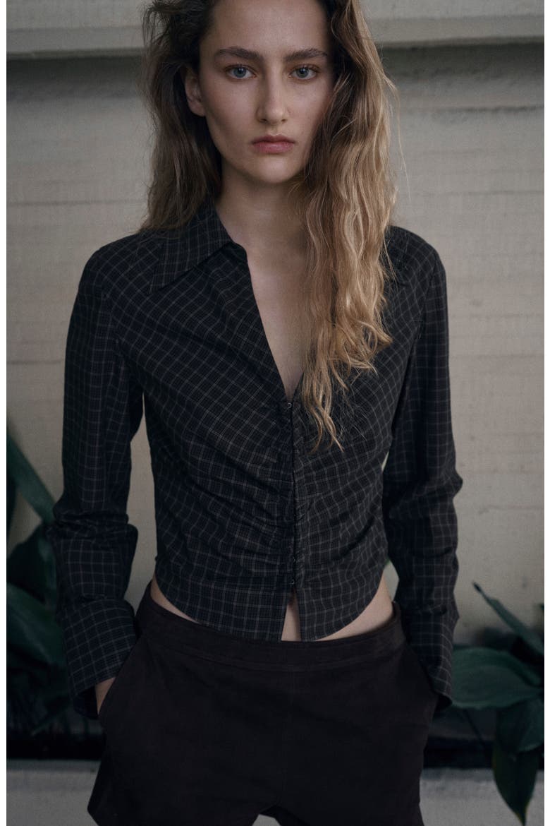 Check Gathered Crop Cotton Top, Alternate, color, GREY