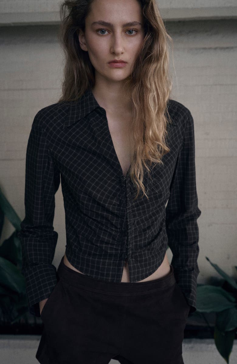 MANGO Check Gathered Crop Cotton Top, Alternate, color, Grey