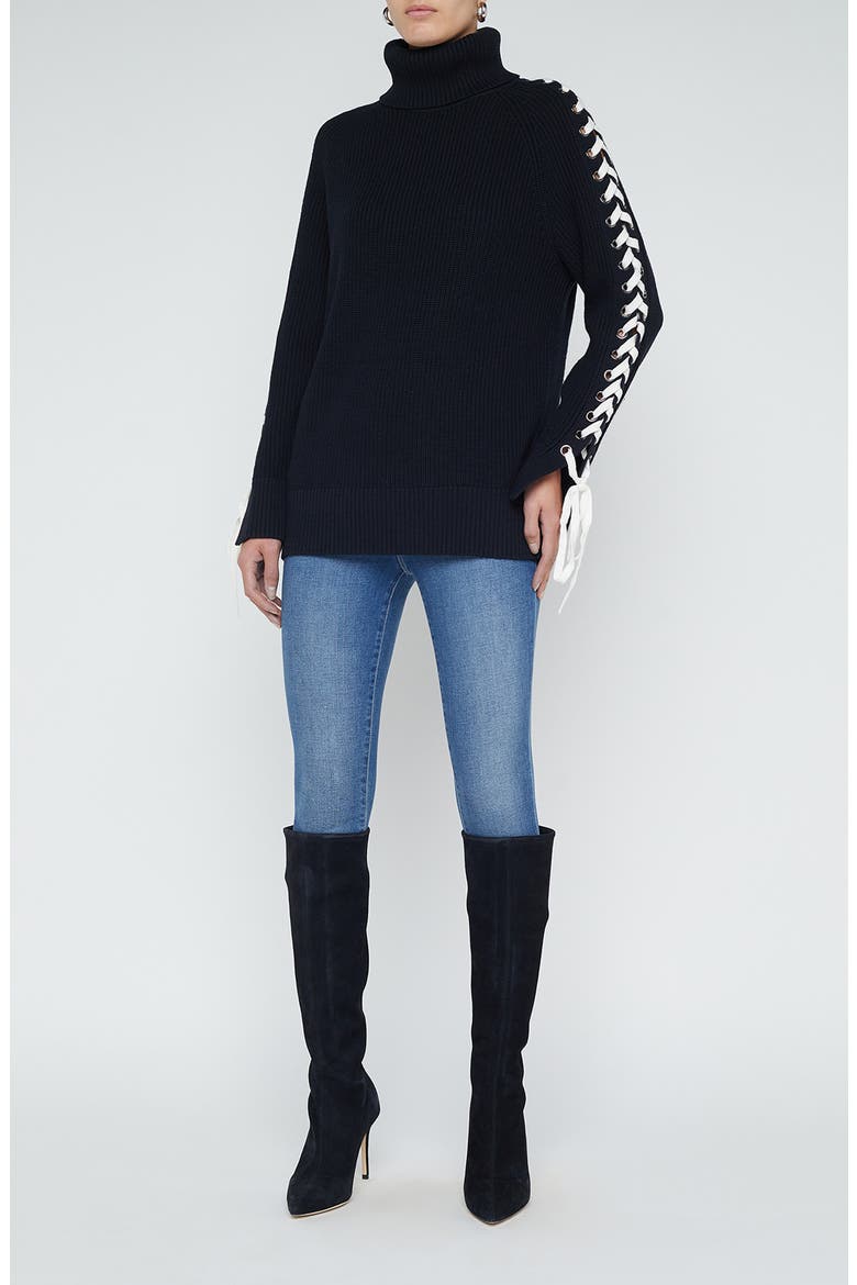 Nola Lace Up Turtleneck Sweater, Alternate, color, BLACK/ IVORY