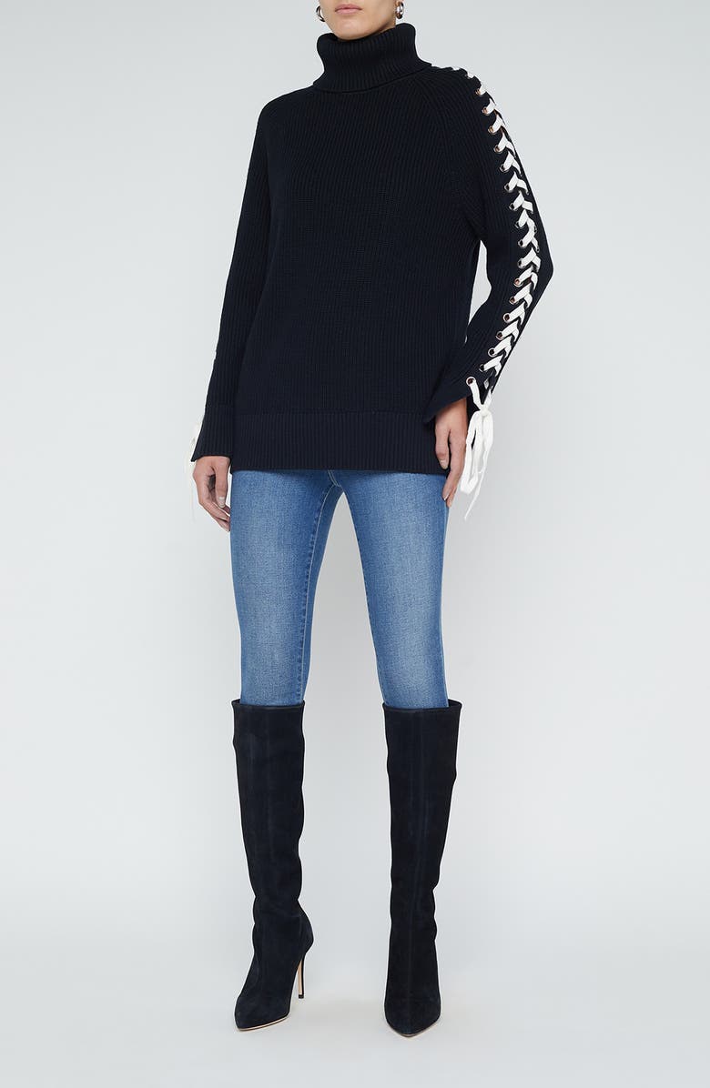 L'AGENCE Nola Lace Up Turtleneck Sweater, Alternate, color, Black/ Ivory