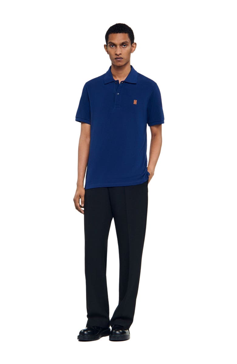 SANDRO Polo shirt with leather logo, Alternate, color, Navy Blue