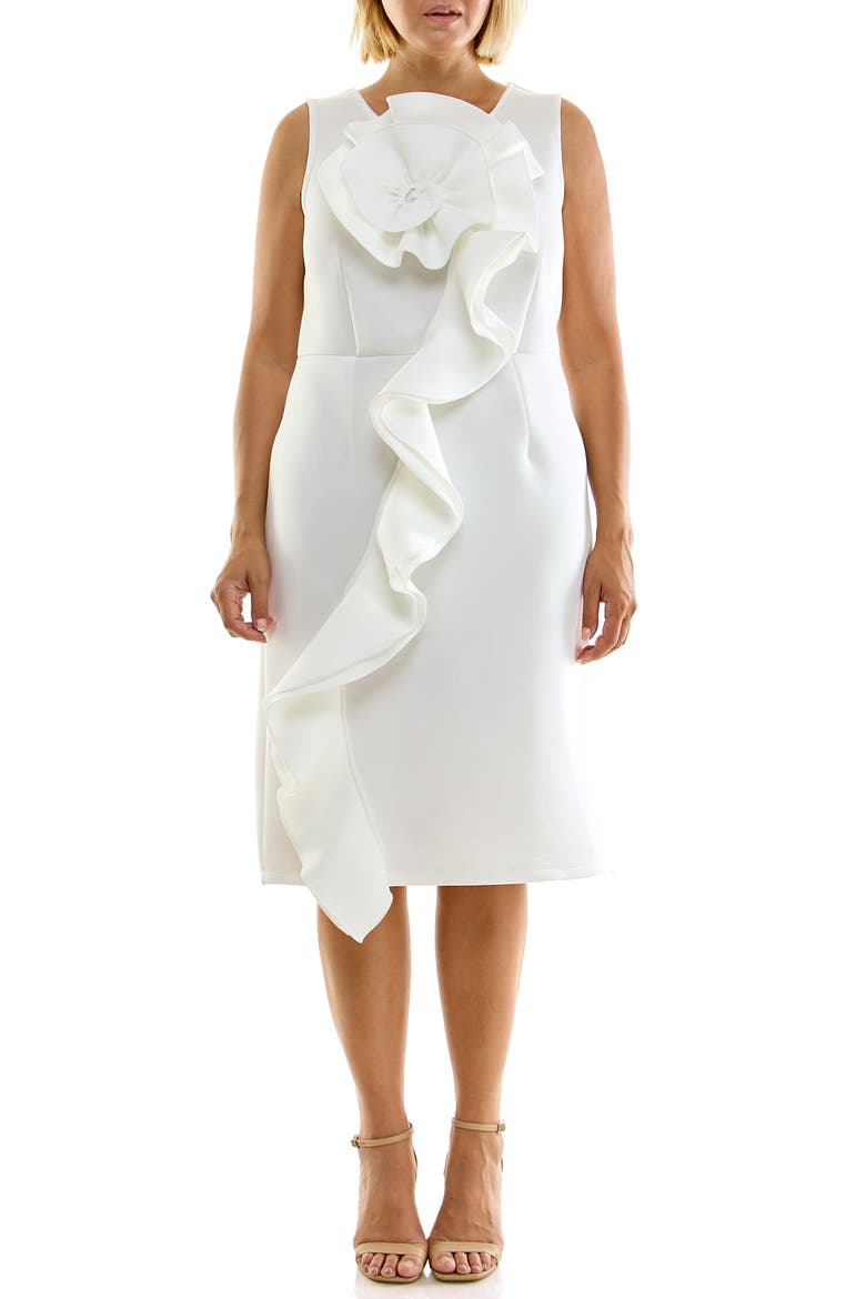 Oversized Flower Ruffle Sheath Dress, Main, color, WHITE