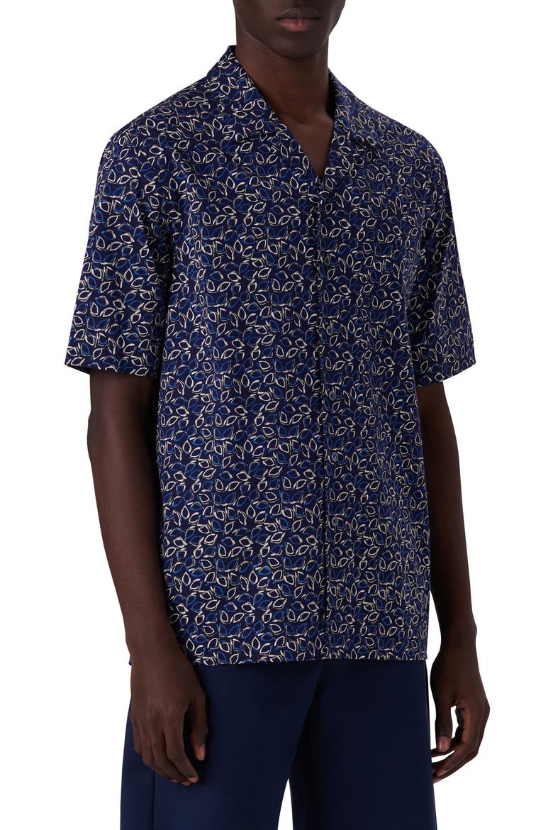 OoohCotton® Tech Leaf Print Knit Short Sleeve Button-Up Camp Shirt, Main, color, NAVY