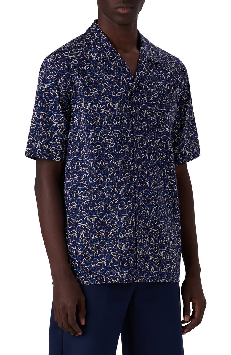 Bugatchi OoohCotton<sup>®</sup> Tech Leaf Print Knit Short Sleeve Button-Up Camp Shirt, Main, color,