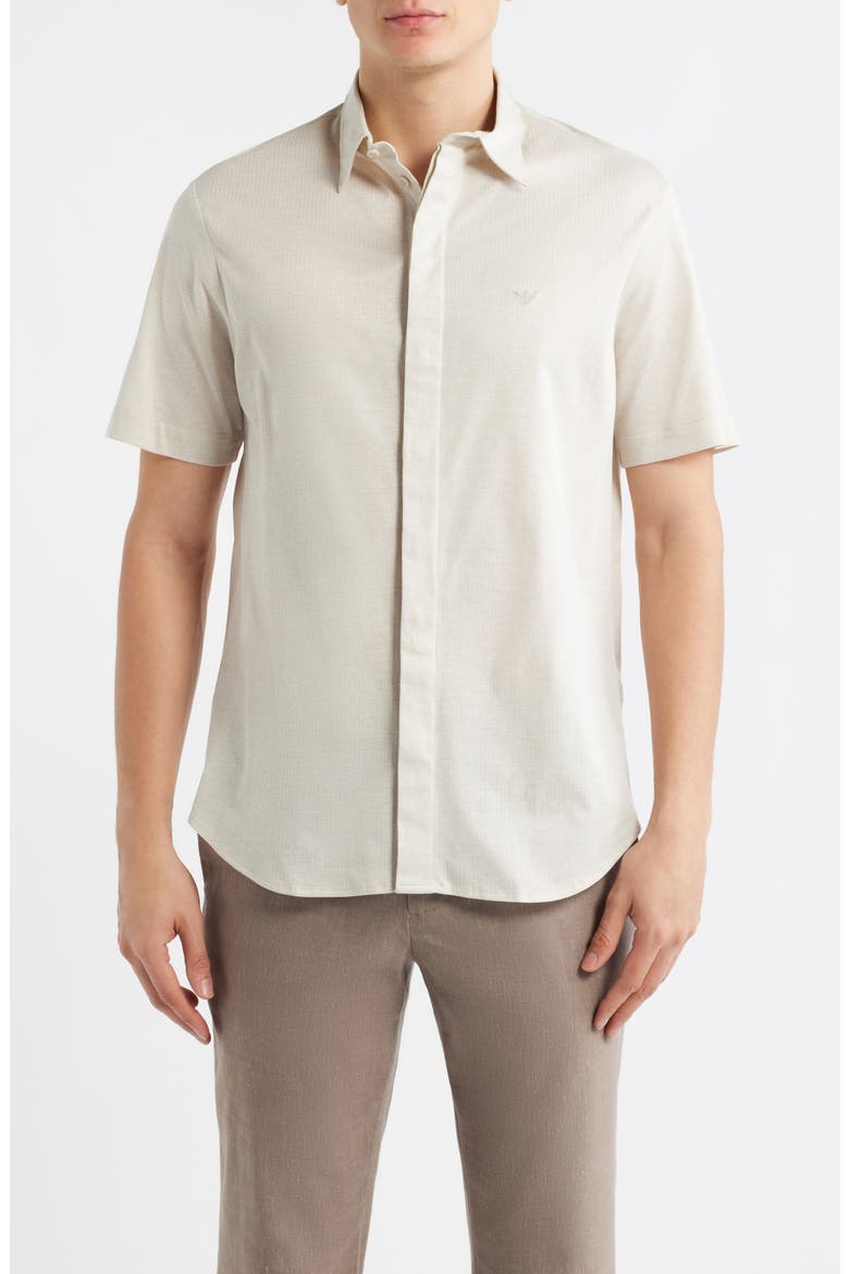 Textured Stripe Short Sleeve Knit Cotton Button-Up Shirt, Main, color, TAN