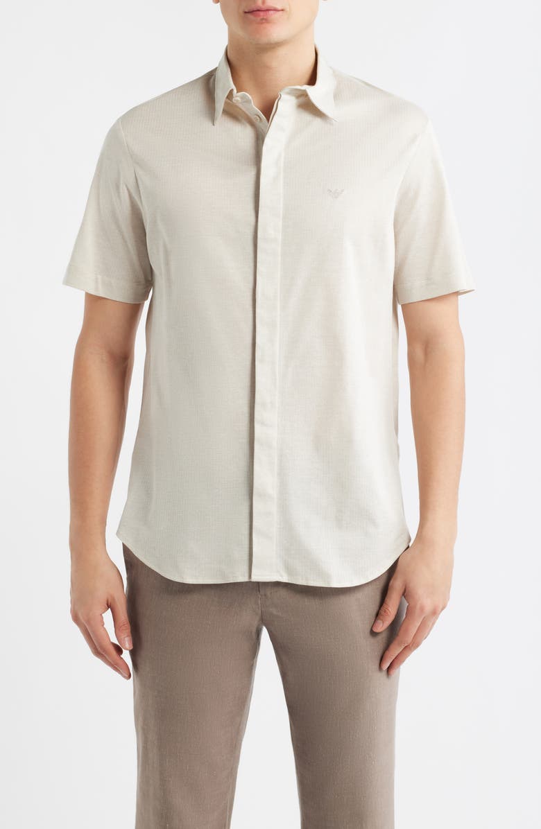 Emporio Armani Textured Stripe Short Sleeve Knit Cotton Button-Up Shirt, Main, color, Tan