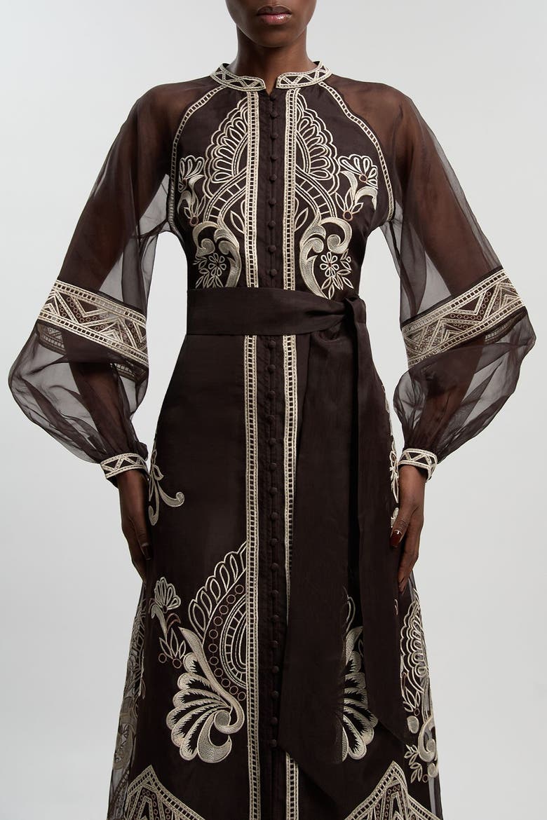 Embroidered Mandarin Collar Midi Dress, Alternate, color, Chocolate