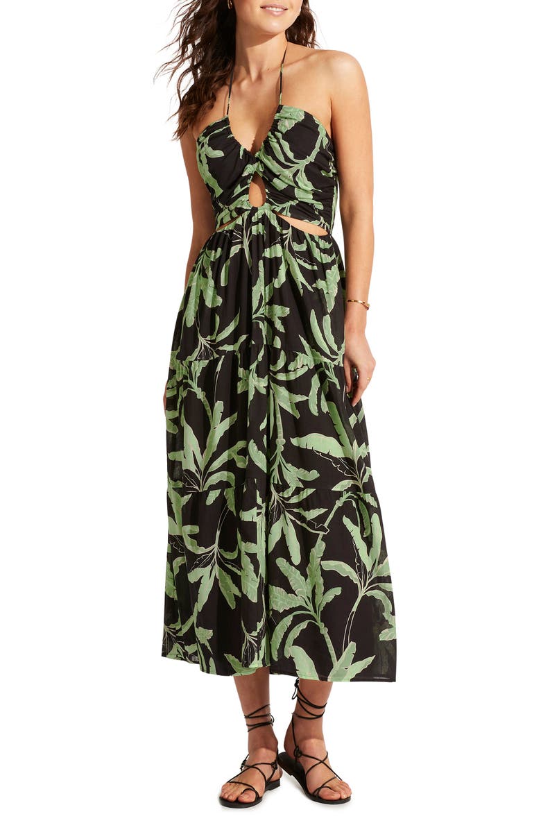 Seafolly Palm Paradise Keyhole Halter Neck Cotton Cover-Up Dress, Main, color, 