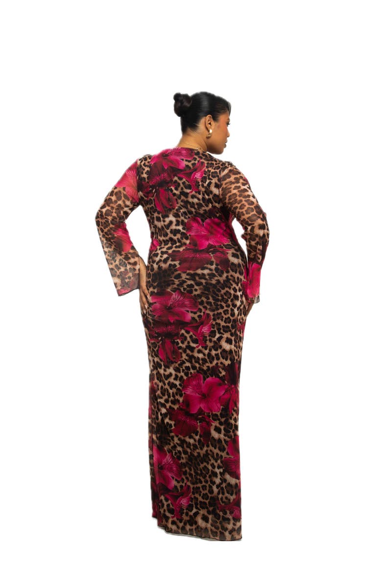 Plus Size Leopard Print Mesh Maxi Dress, Alternate, color, Brown