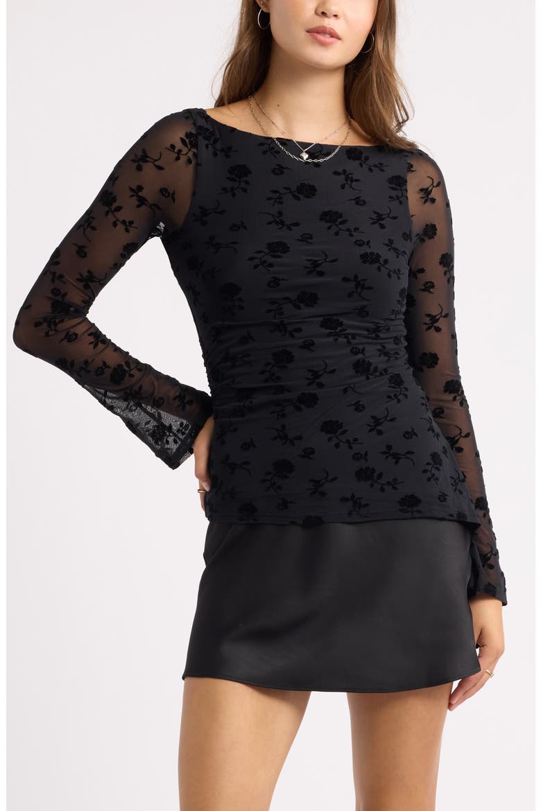 Flocked Mesh Asymmetric Top, Main, color, BLACK