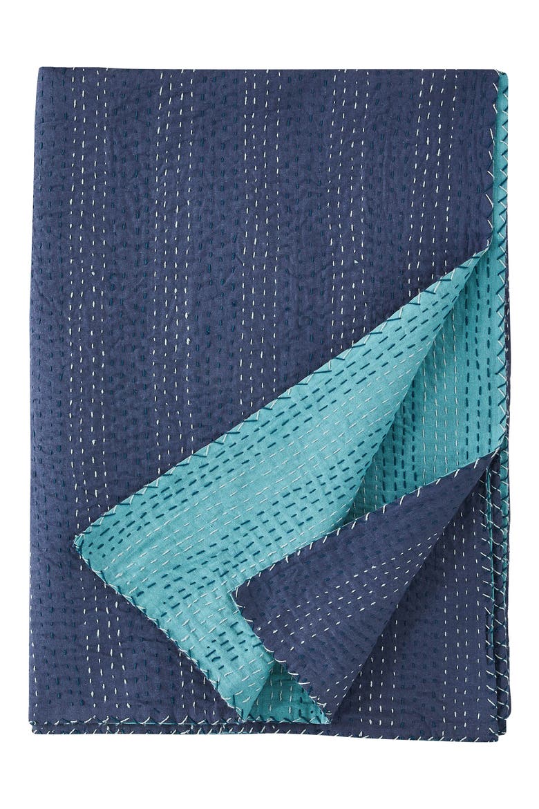 Kantha Reversible Cotton Coverlet, Main, color, NAVY AND TEAL