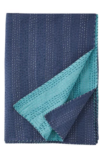 Melange Home Kantha Reversible Cotton Coverlet In Navy And Teal