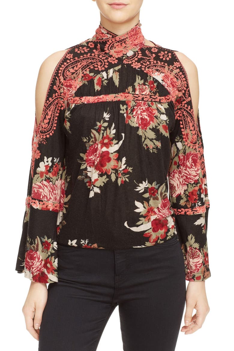 'Bainbridge' Embroidered Cold Shoulder Top, Main, color, BLACK