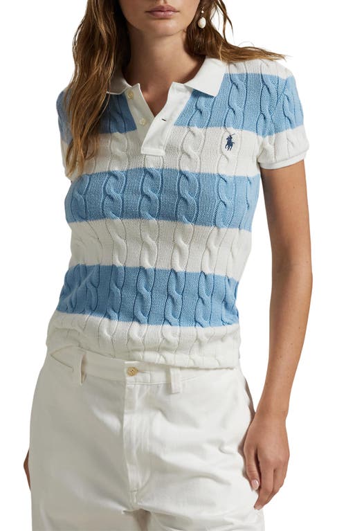 Polo Ralph Lauren Slim Fit Stripe Cable Short Sleeve Cotton Polo Sweater In White/carolina Blue
